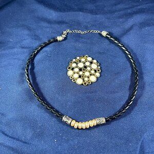 Premier Design Black Braided Necklace With Bead Accents & Gold Circle Pendant Se